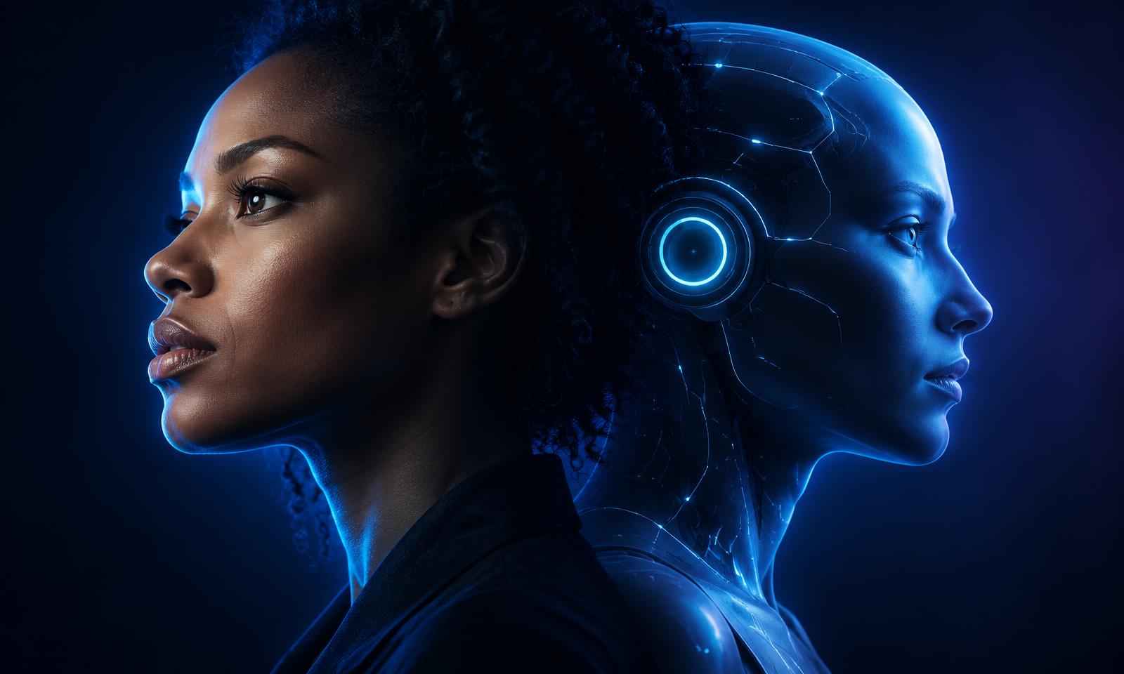 A creator and a futuristic AI face looking toward new possibilities